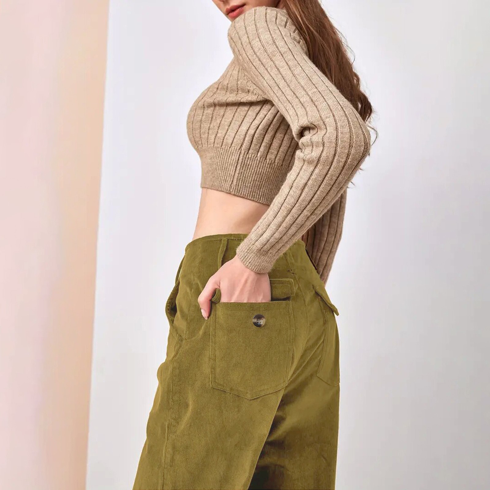 thumbnail image 5 of Pantalones anchos de pana vintage para mujer: cintura alta, parte trasera elástica, bolsillos laterales, corte recto para ropa informal, 5 of 6